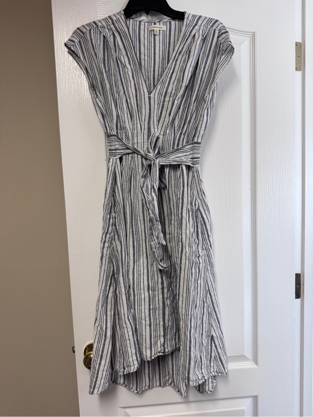 Max Studio Striped V-Neck Tie-Waist High-Low Dress - White & Gray